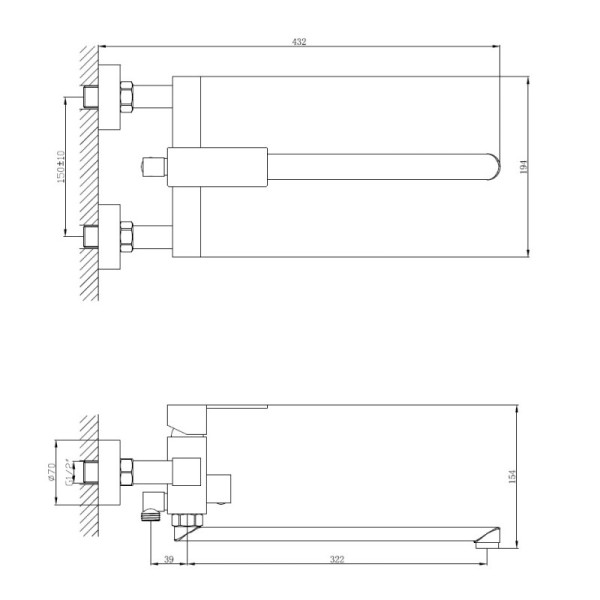 Смеситель для ванны HAIBA HB22803-7, длинный излив, нержавеющая сталь, черный