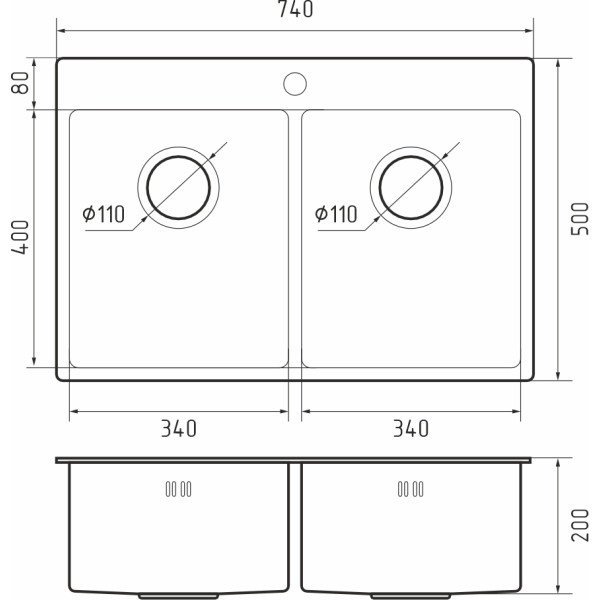 Кухонная мойка Rivelato Rinox 7450 2В PVD black нерж.сталь  2 чаши 740*500*200 мм арт.7450 2В PVD bl