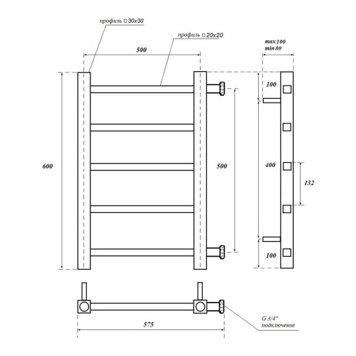 Полотенцесушитель водяной Point Вега PN71556 П5 500x600 с боковым подключением 500, хром