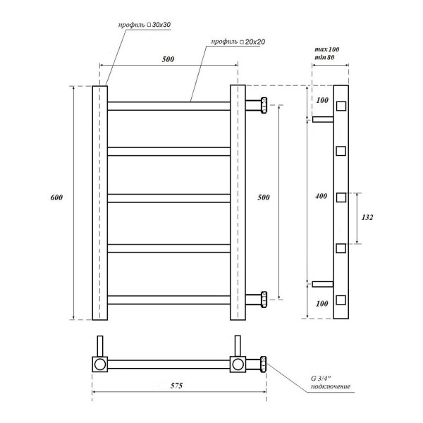 Полотенцесушитель водяной Point Вега PN71556 П5 500x600 с боковым подключением 500, хром