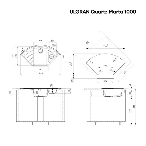 Мойка кухонная ULGRAN Quartz Marta 1000-07, уголь