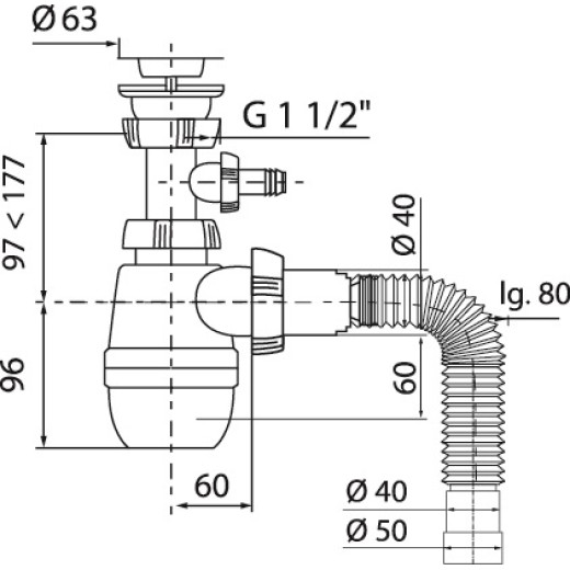 Сифон WIRQUIN МИНОР с выпуском 1¼ х 40 мм с отводом и с гофротрубой L800 мм, 40х40/50 мм