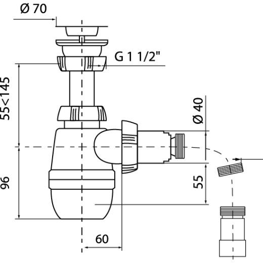 Сифон WIRQUIN МИНОР с выпуском 1½ х 40 мм и с гофротрубой L800 мм, 40х40/50 мм