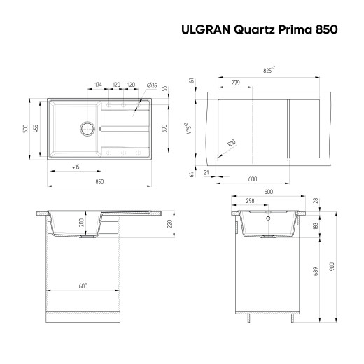 Мойка кухонная ULGRAN Quartz Prima 850-02, лен