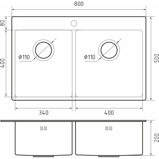 Кухонная мойка RIVELATO Rinox 8050 B2 PVD black нерж.сталь 2 чаши 800*500*200 мм