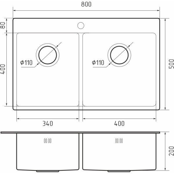 Кухонная мойка RIVELATO Rinox 8050 B2 PVD black нерж.сталь 2 чаши 800*500*200 мм