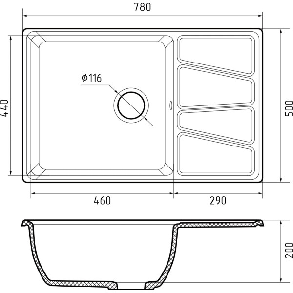 Мойка кухонная GranFest VERTEX GF-V-780L чаша с крылом 780*500мм графит, мрамор