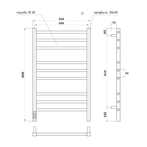 Полотенцесушитель электрический Point Веста PN70758GR П9 500x800, диммер слева, графит премиум