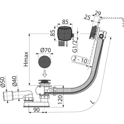 Сифон для ванны автомат с напуском воды через перелив, черный-мат, арт. A564BLACK-80