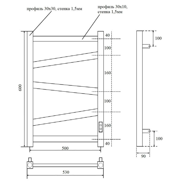 Полотенцесушитель электрический Point Феникс PN15856W П5 500x600, диммер справа, белый