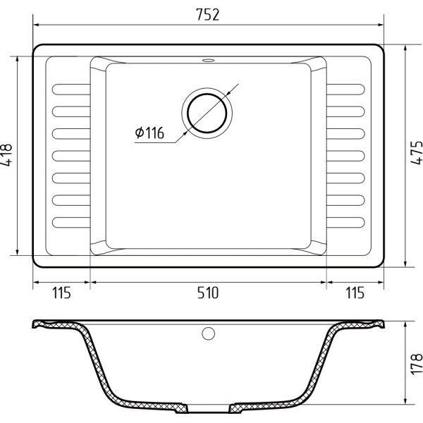 Мойка кухонная GranFest QUARZ GF-ZW-71 чаша+кр 760*480 (черный)