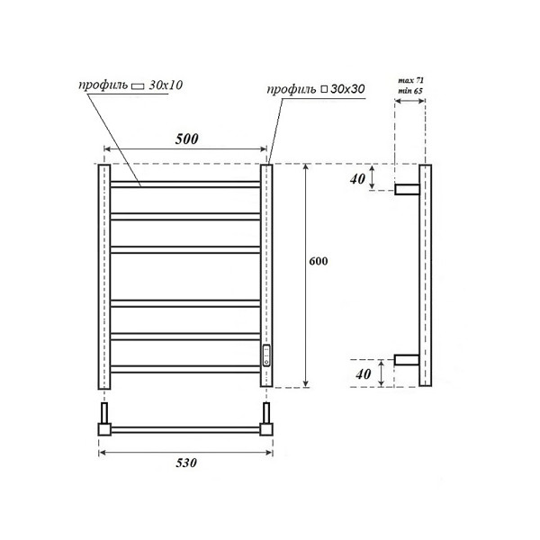 Полотенцесушитель электрический Point Меркурий PN83856 П6 500x600, диммер справа, хром