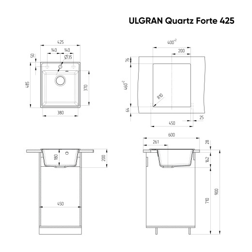 Мойка кухонная ULGRAN Quartz Forte 425-04, платина