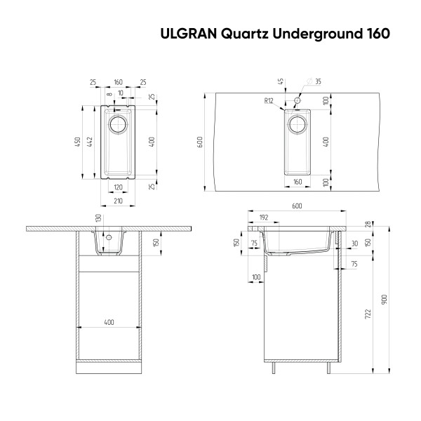 Мойка кухонная ULGRAN Quartz Underground 160-02, лен