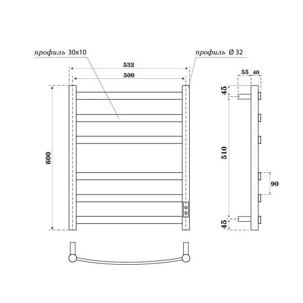 Полотенцесушитель электрический Point Антея PN17856W П6 500x600, диммер справа, белый