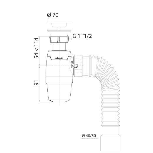 Сифон WIRQUIN NEO с выпуском 1½ х 40 мм и гофротрубой L800 мм, 40х40/50 мм