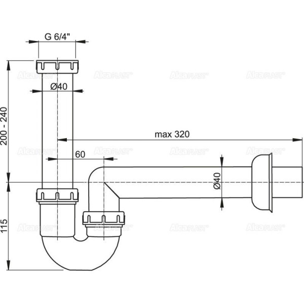 Сифон трубчатый с накидной гайкой 6/4", арт. A80-DN40