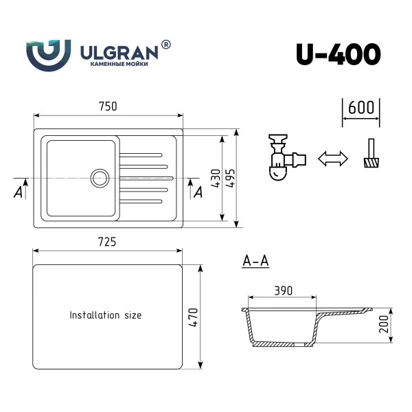 Мойка кухонная Ulgran U-400-344, ультра-черный