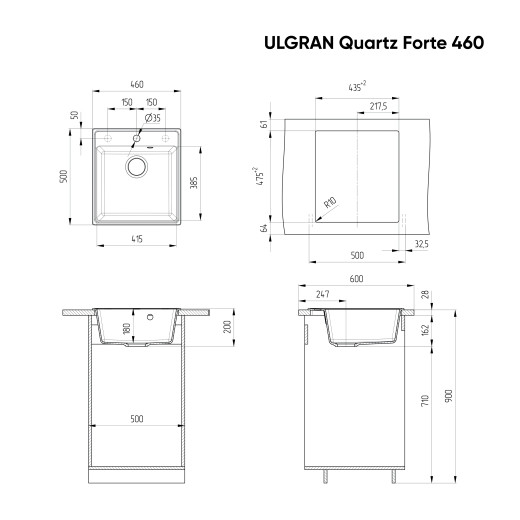Мойка кухонная ULGRAN Quartz Forte 460-09, асфальт