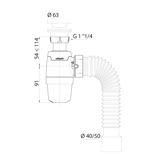 Сифон WIRQUIN NEO с выпуском 1¼ х 40 мм и с гофротрубой L800 мм, 40х40/50 мм