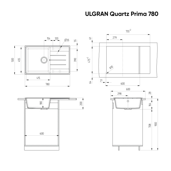 Мойка кухонная ULGRAN Quartz Prima 780-01, жасмин - купить в Москве