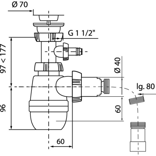 Сифон WIRQUIN МИНОР с выпуском 1½ х 40 мм с отводом и с гофротрубой L800 мм, 40х40/50