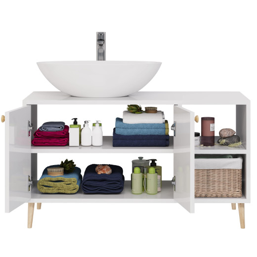 Тумба Dreja LUNO 100 см., напольная, 2 дверцы, 2 откр. полки, белый глянец