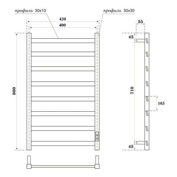 Полотенцесушитель электрический Point Атлант PN18848W П8 400x800, диммер справа, белый