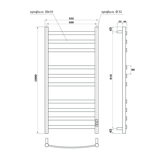 Полотенцесушитель электрический Point Антея PN17850W П10 500x1000, диммер справа, белый