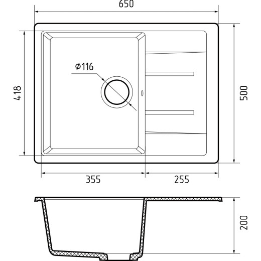 Мойка кухонная GranFest QUADRO GF-Q-650L чаша с крылом 650*500мм графит, мрамор