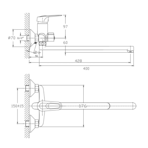 Смеситель для ванны HAIBA HB2236, длинный излив, латунь, хром