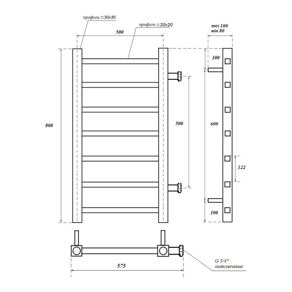 Полотенцесушитель водяной Point Вега PN71558 П7 500x800 с боковым подключением 500, хром