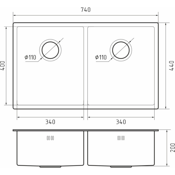 Кухонная мойка Rivelato Rinox 7444 U2 нерж.сталь 2 чаши 740*440*200 мм арт.7444 U2