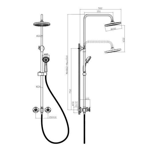 Смеситель Rossinka Q02-45 двуручный для душа с верхней душевой лейкой "Тропический дождь" и 3-ф. лей