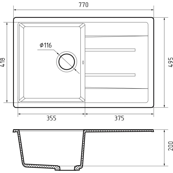 Мойка кухонная GranFest QUADRO GF-Q-780L чаша с крылом 770*495 мм графит, мрамор