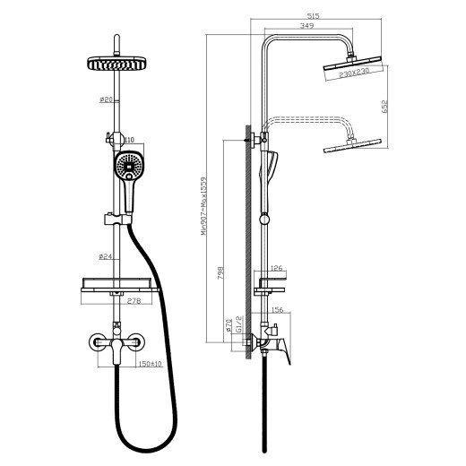 Смеситель Rossinka RS29-45 одноручный (35мм) для душа с верхней лейкой "Тропический дождь" и 3-ф. ле