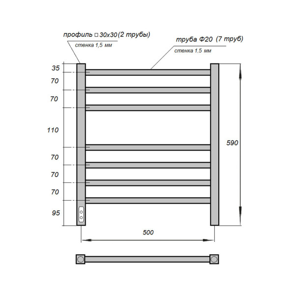 Полотенцесушитель электрический Point Веста PN70756BR П7 500x600, диммер слева, бронза