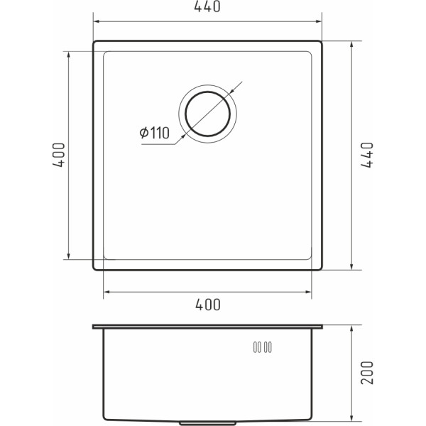 Кухонная мойка Rivelato Rinox 4444 UN PVD black нерж.стал 1 чаша 440*440*200 мм