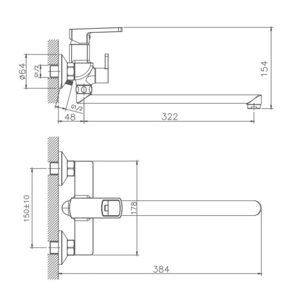 Смеситель для ванны HAIBA HB22176, длинный излив, латунь, хром