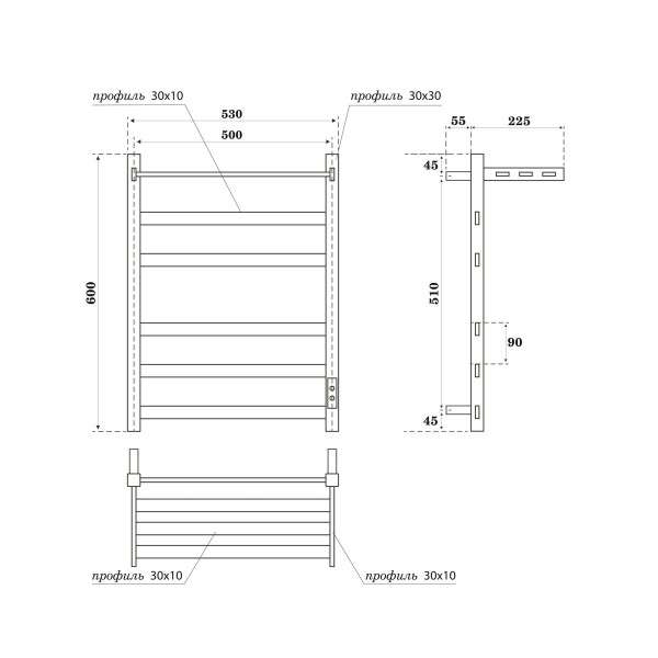 Полотенцесушитель электрический Point Меркурий PN83856PW П5 500x600 с полкой, диммер справа, белый