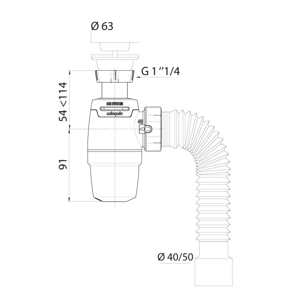 Сифон WIRQUIN NEO AIR с выпуском 1¼ х 40 мм и с гофротрубой L800 мм, 40х40/50 мм