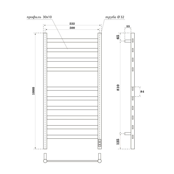 Полотенцесушитель электрический Point Селена PN16850B П10 500x1000, диммер справа, черный