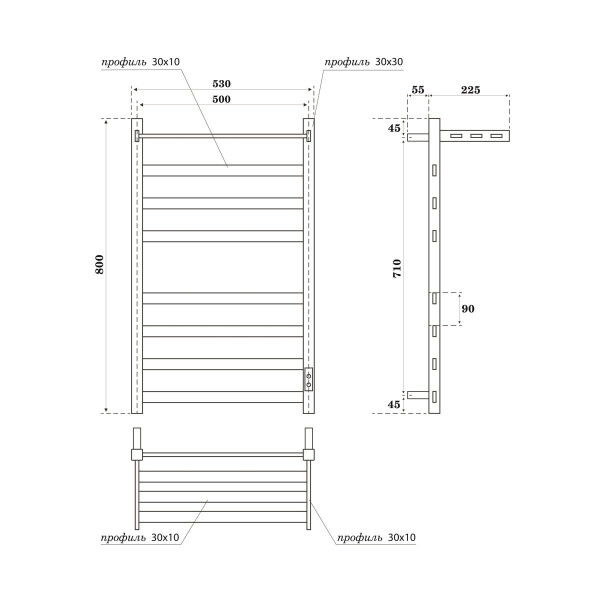 Полотенцесушитель электрический Point Меркурий PN83858PW П7 500x800 с полкой, диммер справа, белый