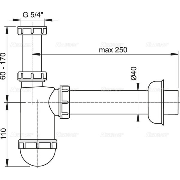 Сифон для умывальника Ø40 c накидной гайкой 5/4", арт. A43