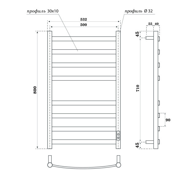 Полотенцесушитель электрический Point Антея PN17858B П8 500x800, диммер справа, черный