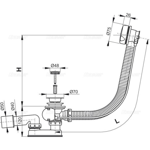 Сифон для ванны автомат комплект белый (80 cm), арт. A51B-80