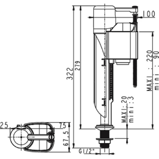 Заливной клапан WIRQUIN JOLLYFILL FB50P1, донный, пластик 1/2"