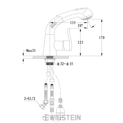 Смеситель EWIGSTEIN для кухни Боковой с выдвижной лейкой D-40 mm (крем)