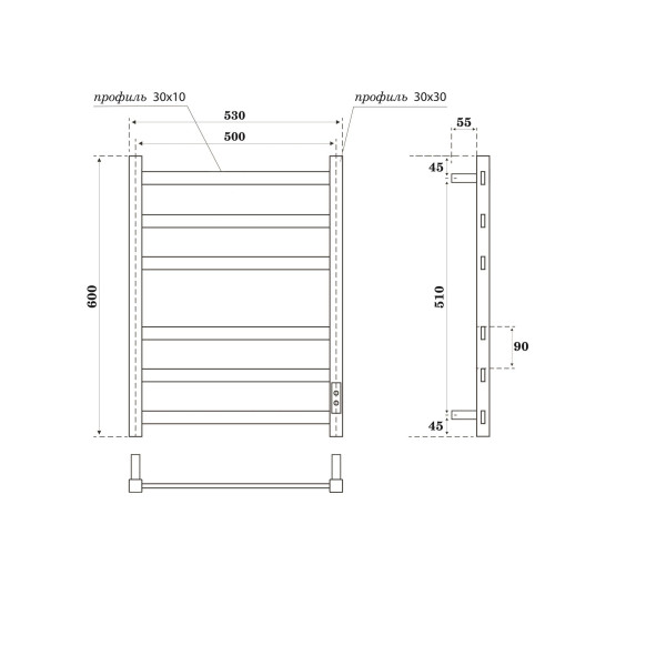 Полотенцесушитель электрический Point Меркурий PN83856GR П6 500x600, диммер справа, графит премиум