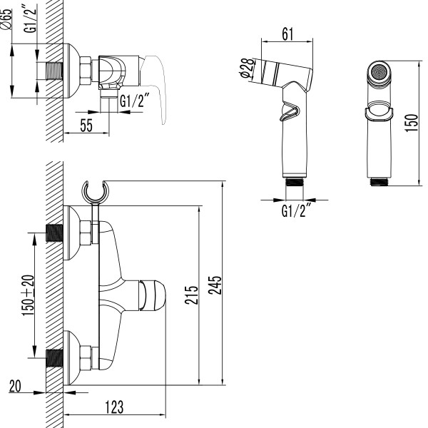 Смеситель Lemark Pramen LM3318BL настенный с гигиеническим душем, черный